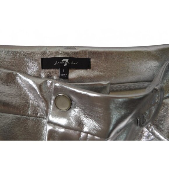 7 For All Mankind Metallic Silver Faux Leather Mini Skirt Size L Shiny Stretch - Picture 3 of 3